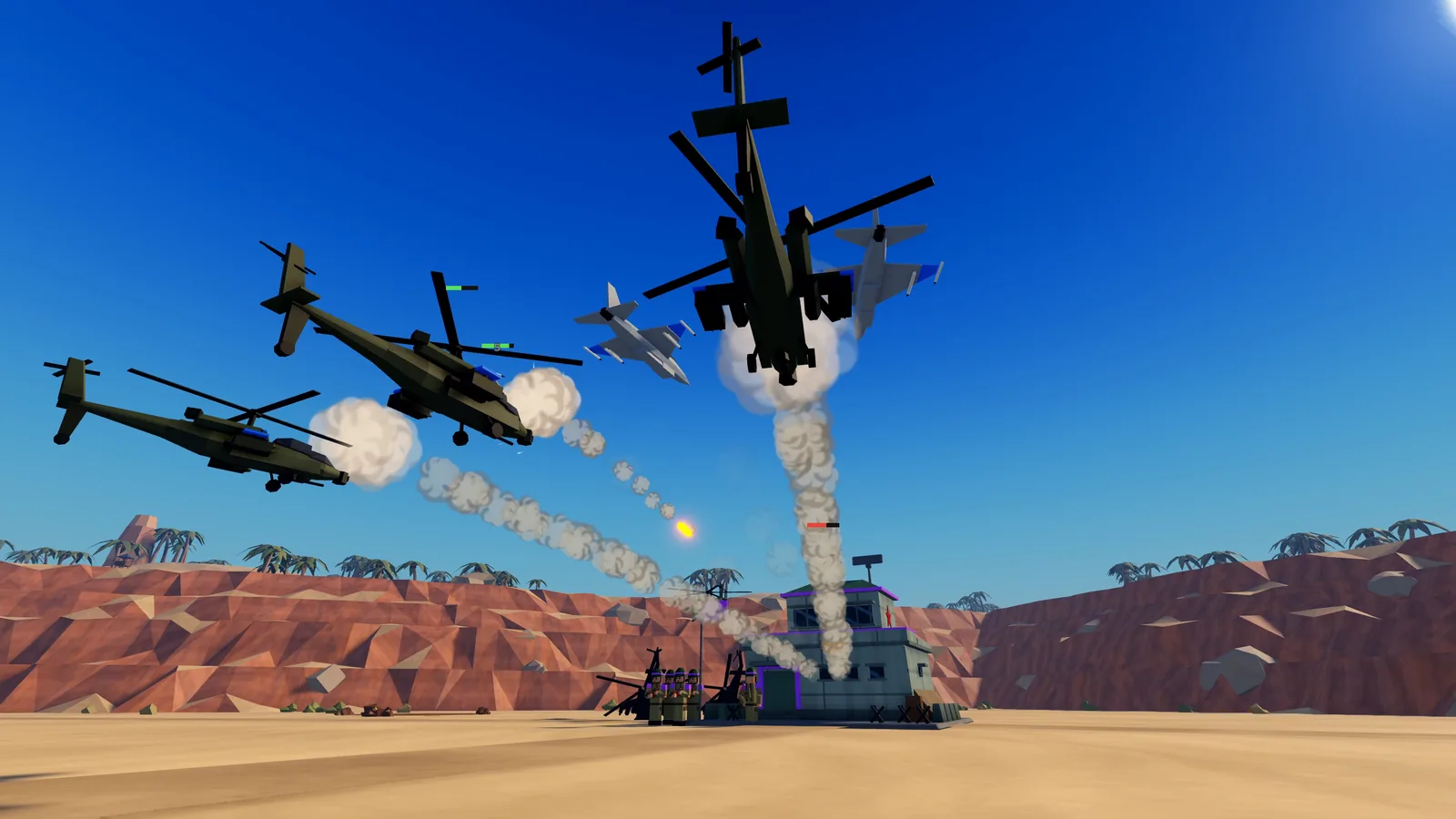 Attack helicopters and F-16 jets strike an enemy base