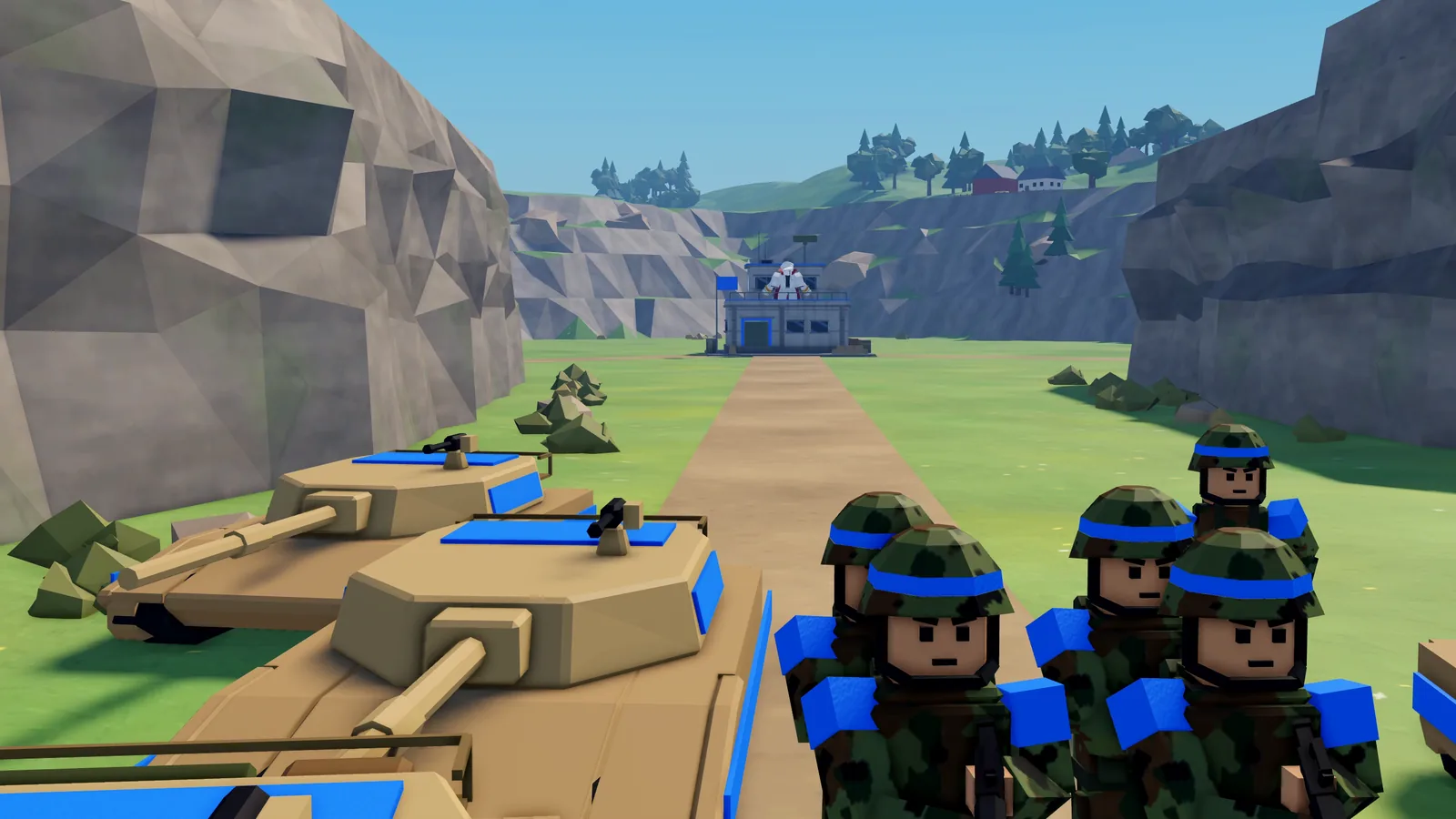 Blocky Roblox soldiers in helmets beside an M1A1 tank