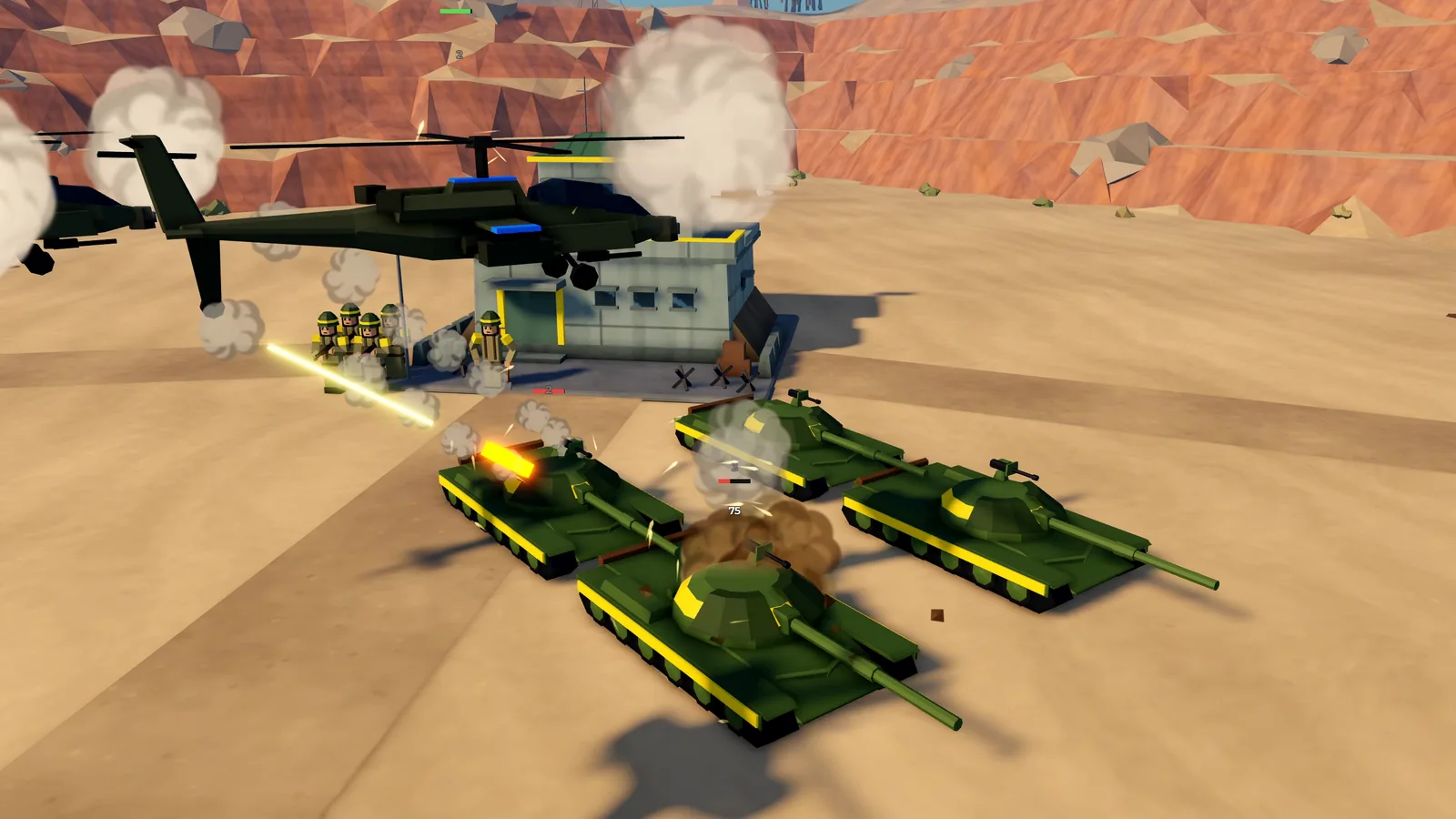 AH-64 attack helicopters fire rockets at T-72 tanks near an enemy HQ