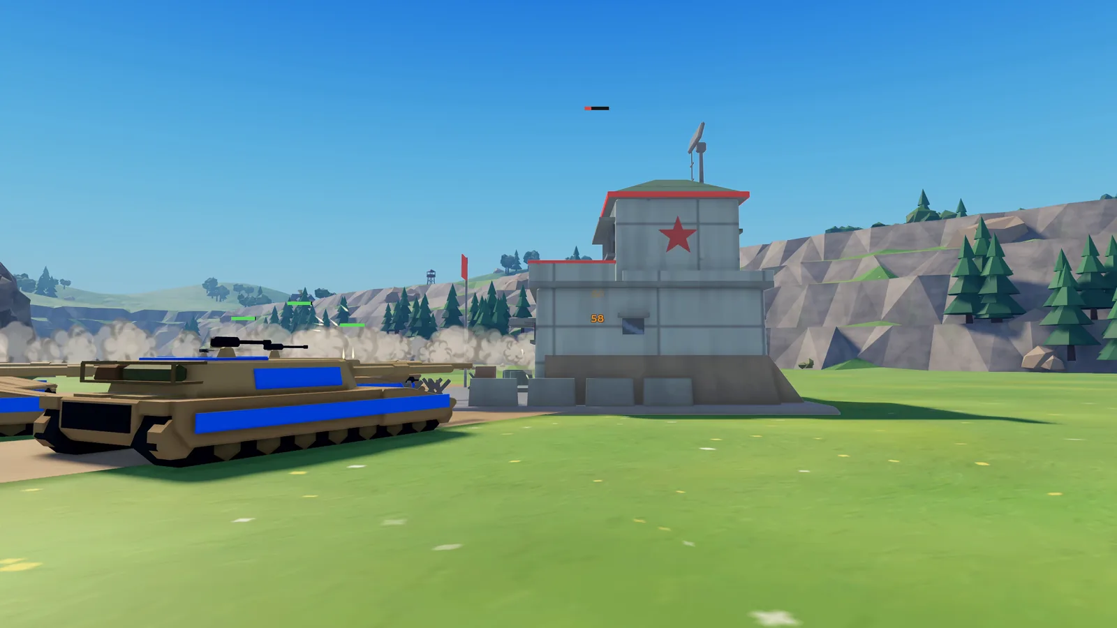 An M1A1 tank advances on a Soviet HQ