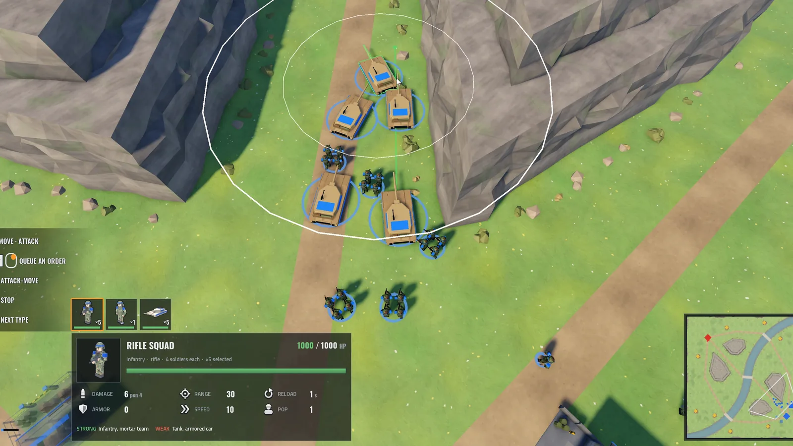 A rifle squad and M1A1 tanks selected and ordered through a valley