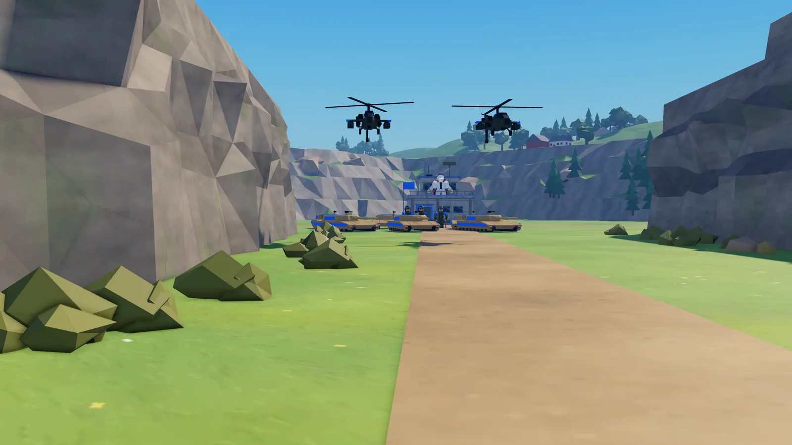 Helicopters escort an armored column toward the enemy base